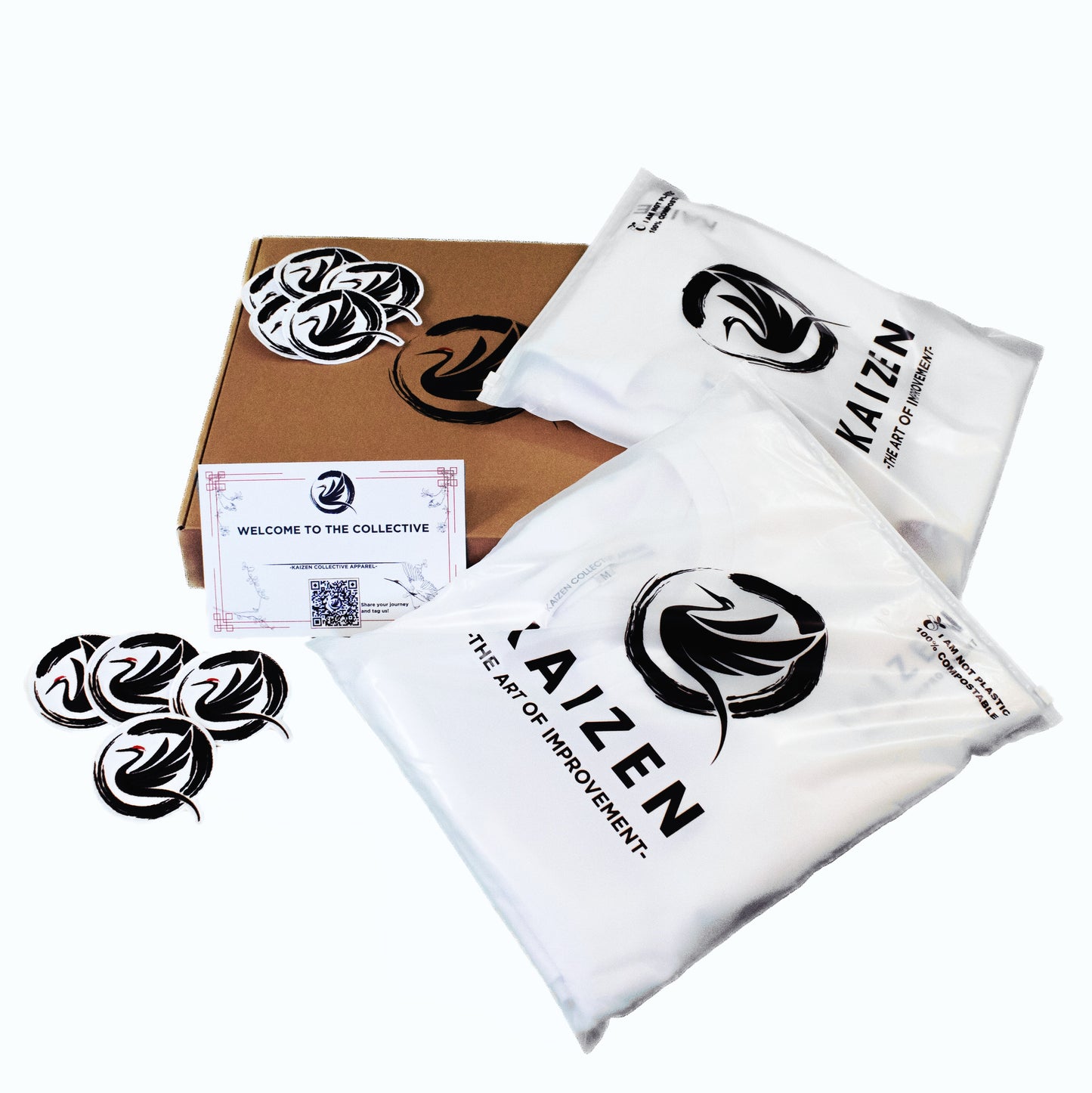 White t-shirts with 'Kaizen' logo and text, packaging, and patches on a white background